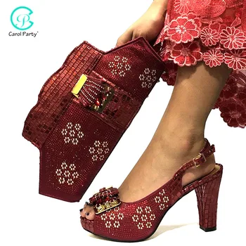

New Arrival Wine Color African Women Matching Italian design Shoes and Bag Set Decorated with Rhinestone Ladies Shoe and Bag