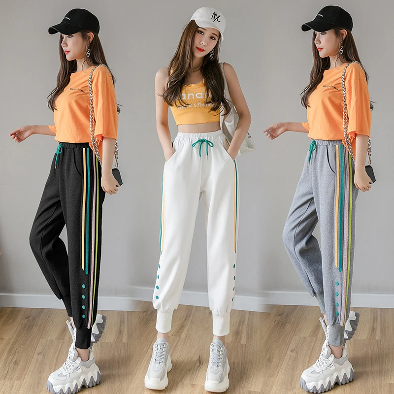 

Casual Loose High Waist Jogging Pants Women New Fashion Korean Style Side Stripe Trousers Plus Size (S-2XL) Drawstring Pants