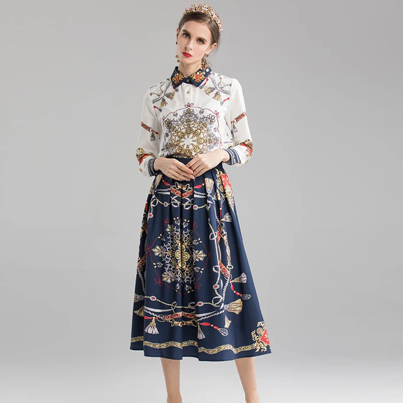 VERDEJULIAY Runway Women Sets Spring Autumn New Luxury Beading Turn-Down Blouse Top+Blue Pleated Skirt Flower Print Sets