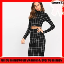 Sheinside Black and White Plaid Office Ladies Long Sleeve Crop Top And Pencil Skirt Plaid 2 Piece Set Women Work Two Piece Set Sheinside Black and White Plaid Office Ladies Long Sleeve Crop Top And Pencil Skirt Plaid 2 Piece Set Women Work Two Piece Set