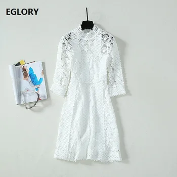 

Black White Lace Dress 2020 Spring Style Women Stand Neck Hollow Out Backless 3/4 Sleeve Slim Fitted Party Club Dress Vestidos