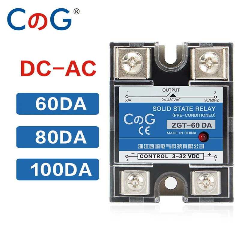 Однофазное реле CG SSR-60DA 80DA 100DA для управления переменным током, твердотельные реле переменного тока, 24-480в переменного тока, 3-32В постоянного тока, 60 А, 80 А, 100 А