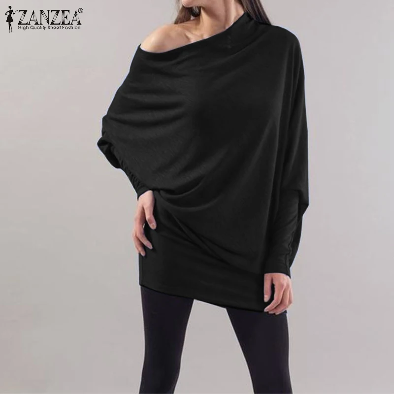 ZANZEA, сексуальная женская блузка с открытыми плечами, рубашка,, модные повседневные свободные однотонные топы, Женская туника с рукавом, блузы размера плюс