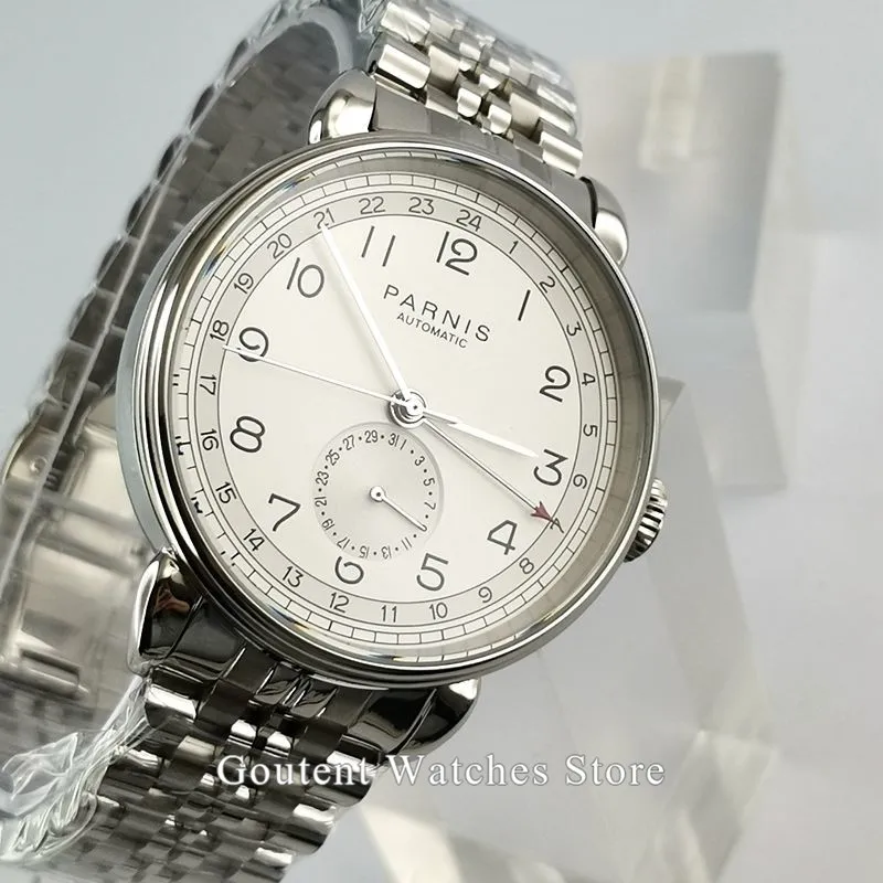 Parnis 42 мм GMT часы синий циферблат механические мужские часы Серебристый футляр для часов Дата нержавеющая сталь Автоматические Мужские наручные часы