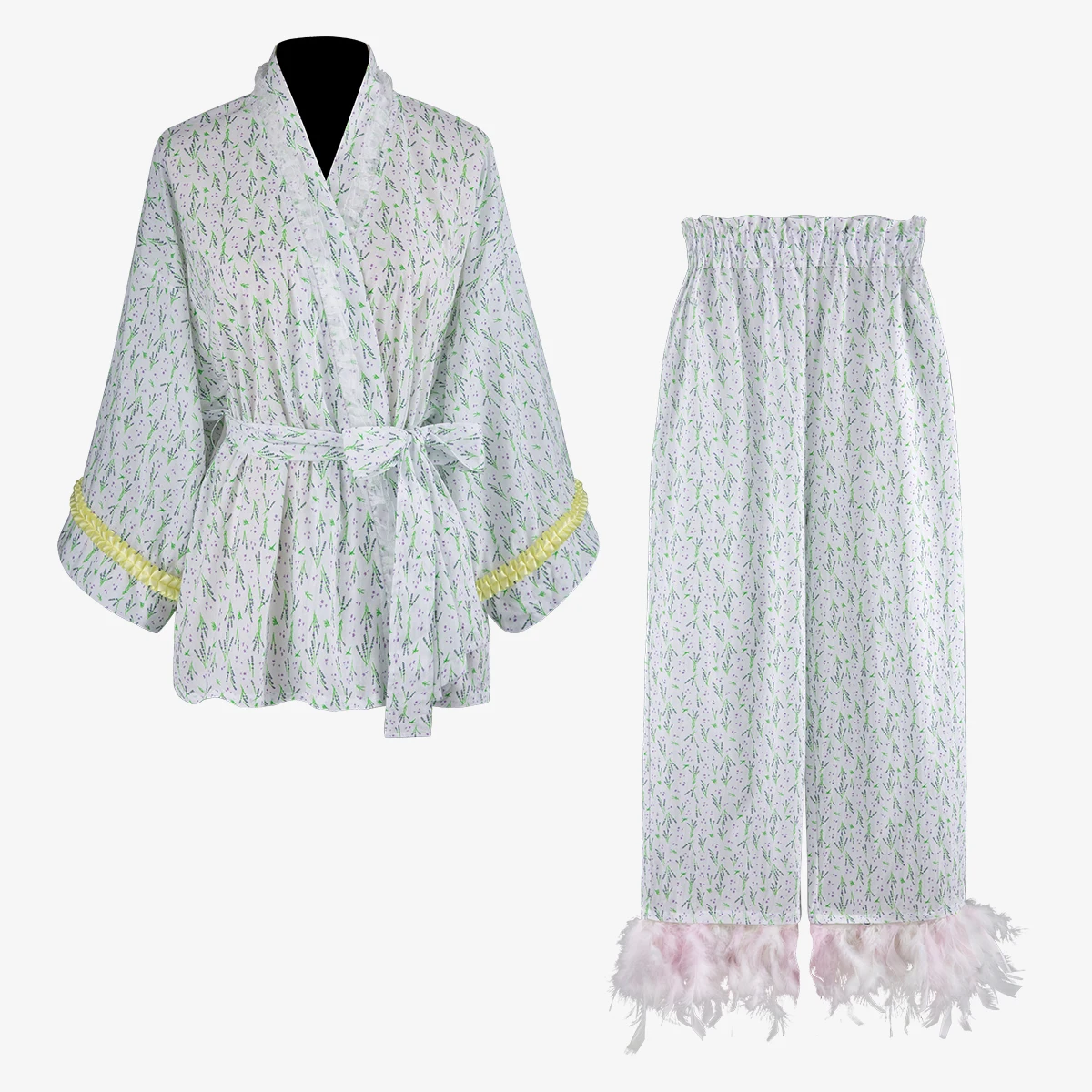 

V-neck bandwidth, loose sleeves, wrapped Nightgown jacket + heavy-duty color feathered broad-legged casual pantsA976