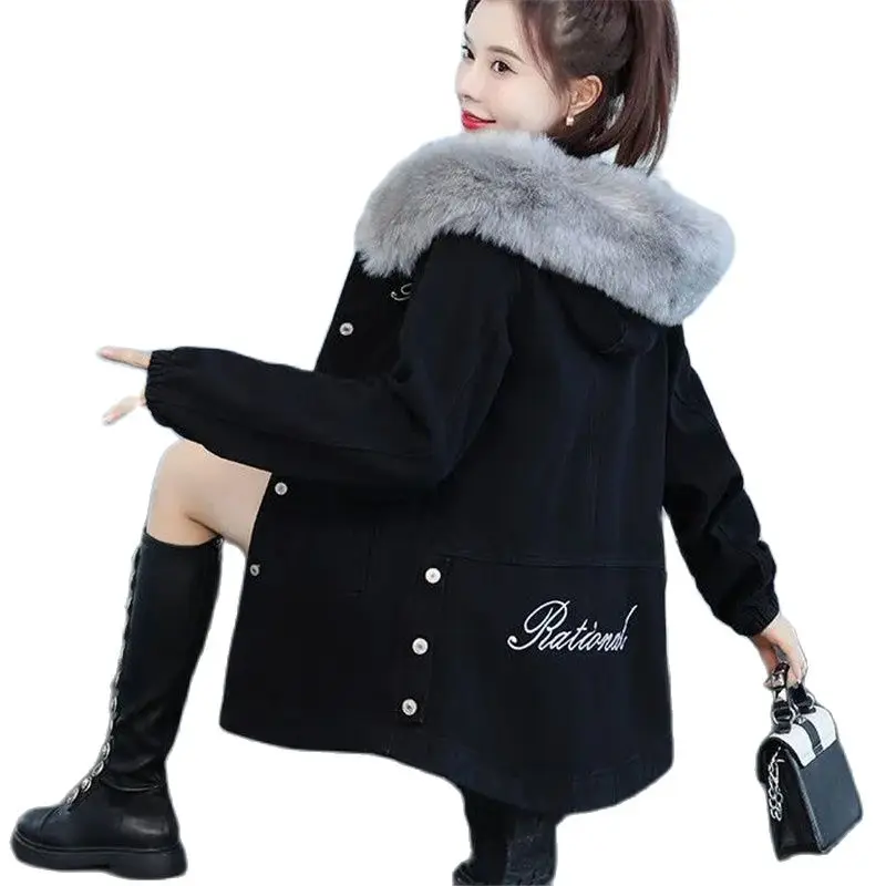 

Cowgirl Coats Fashion Fur Collar Mid-Long Add Velvet Add Thick Women's Denim Jacket 2021New Winter Student Loose Ladies Top