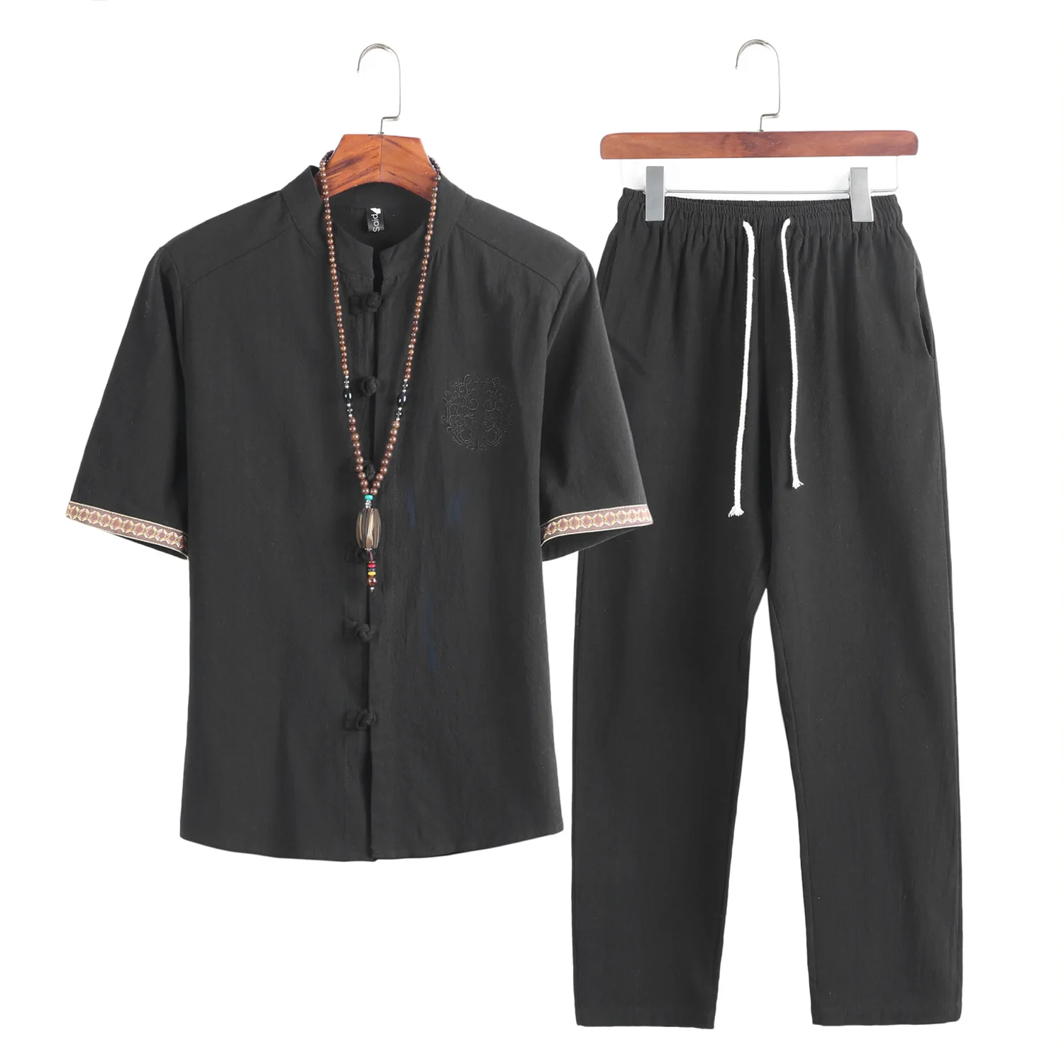 

Chinese-style Summer Wear Flax Retro Set Men's Stand Collar Frog Shirt Trousers Two-Piece Set Cotton Linen Embroidered Shirt Men