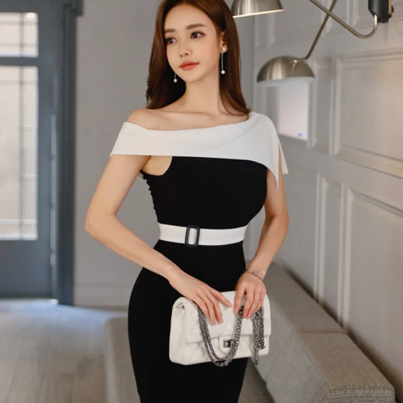 

WOMEN'S Dress 2019 Debutante-Style Contrast Color Joint Horizontal Neck off-Shoulder Slim Fit Slimming Formal Dress