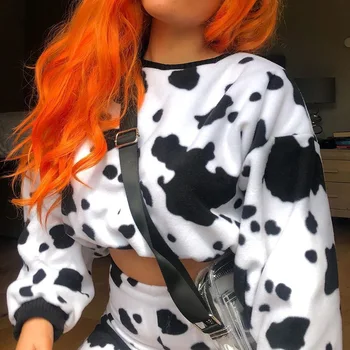 

Women Long Sleeve Milk Cow Print Sweatshirts Fashion Loose Cropped Tops Round Neck Streetwear Hoodie Pullover Autumn Winter 2020