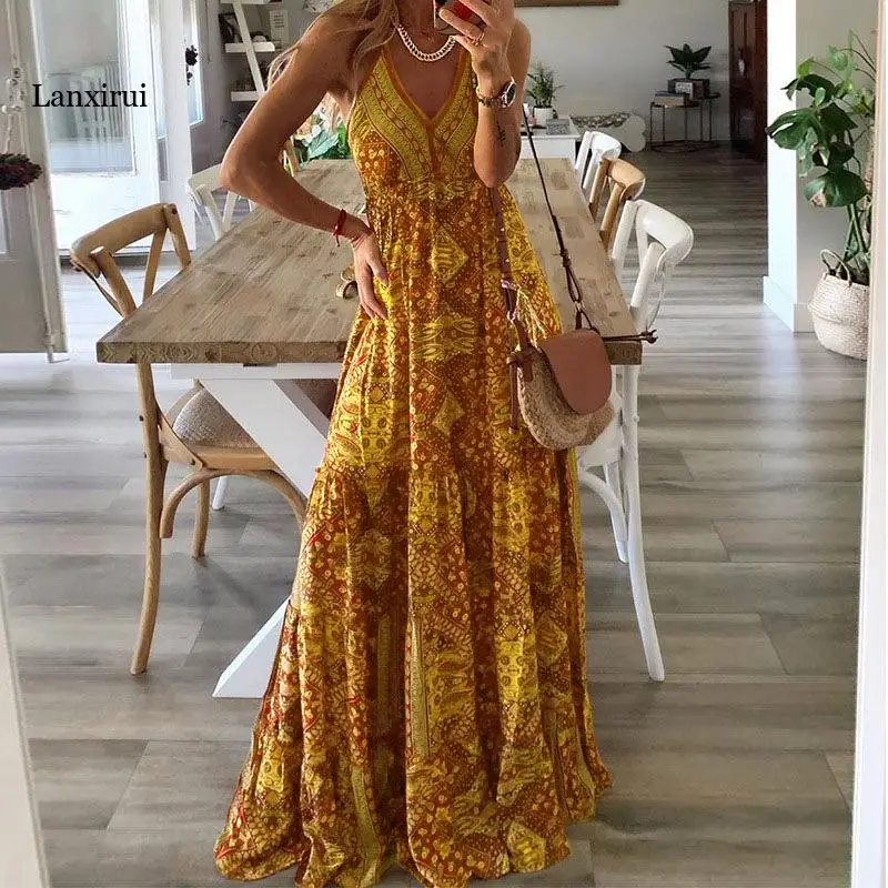 

Vintage Printed Casual Lady Party Dress Women Chic Sling V-Neck Beach Boho Dress Summer Sexy Elegant Sleeveless Long Dresses