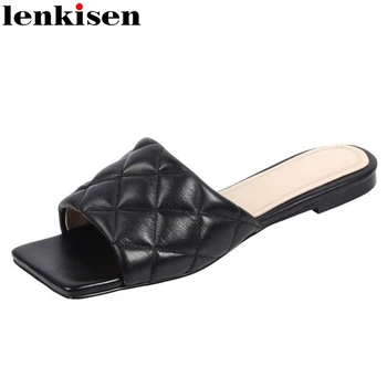 

Lenkisen new simple style high quality handmade convenient daily wear slip on gingham peep toe beauty lady flats with women L70