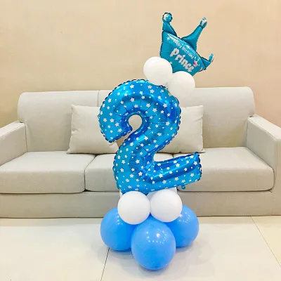 1 комплект, синие, розовые воздушные шары, фольгированный шар с цифрами, уплотненный латексный шар с короной, для празднования дня рождения, украшения для детской вечеринки - Цвет: Blue 2