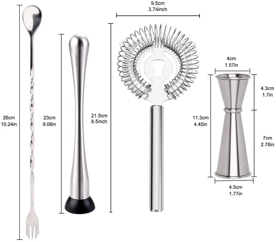 Bar Tools Muddler for Cocktails Tools Mojito Cocktail Jigger Bar Tool with Stainless Steel Spoon Jigger Strainer and Muddler
