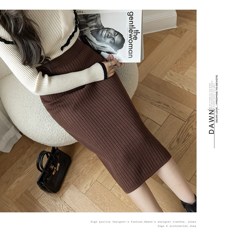 New Korean Autumn Winter Fashion Solid High Waisted Kintting Formal Pencil Skirt Elegant Ladies Women Skirts crop top and skirt