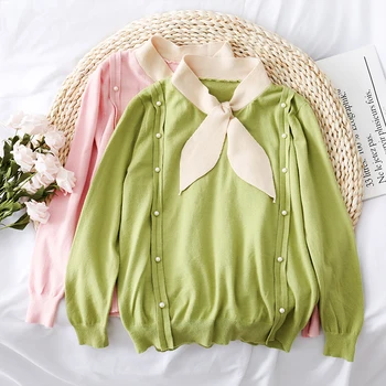 

Heliar 2019 Autumn Bowknot Decoration Tie Neck Beading Solid Casual Women Sweater New Autumn Campus Highstreet Pullovers
