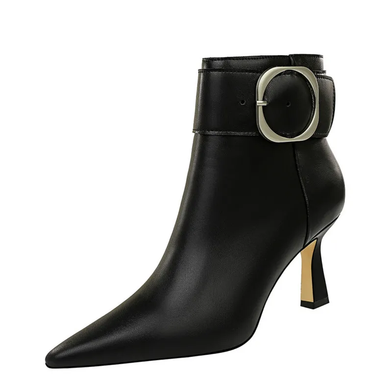 

Ankle Boots for Women High Heel Boots Black Leather Ladies Booties Belt Buckle Pointed Toe Boots Women Shoes Women Pumps P211