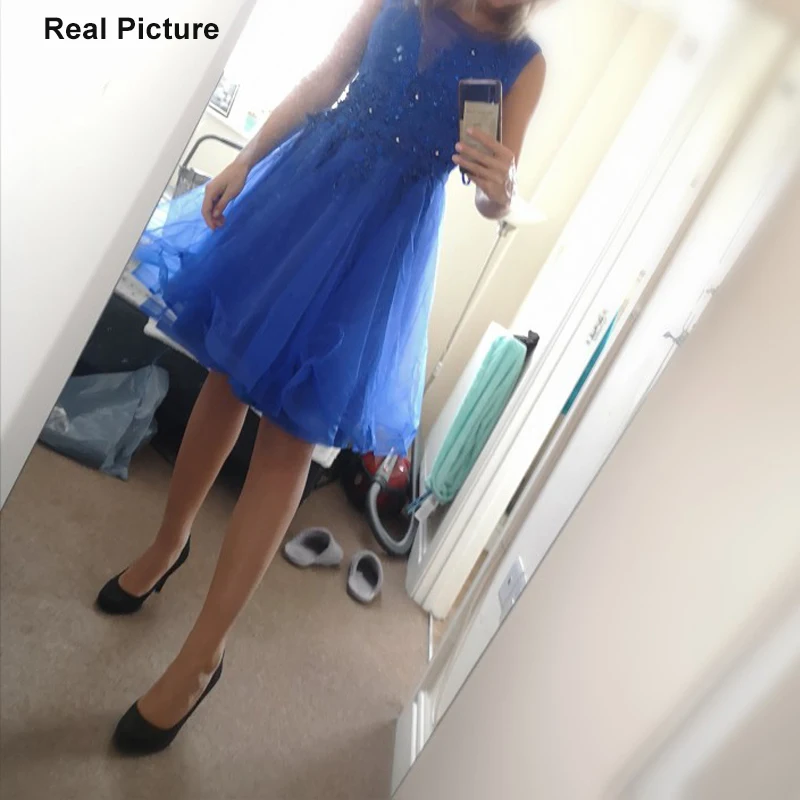 Dressv appliques cocktail dress dark navy scoop neck sleeveless knee length a line beading homecoming short cocktail dresses