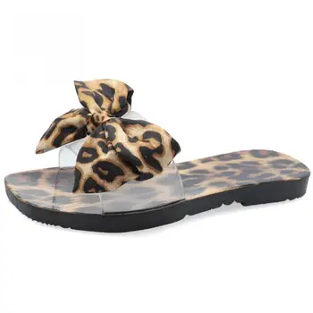 

Summer Woman Bow Leopard Slippers Transparent Flip Flops Beach Sandals Designer Sliders Shoes Women Flat Mules Outdoor Slippers