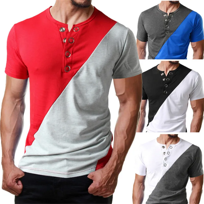 

Men's Metal Button Decorative Recreational Short-sleeved T-shirt O-Neck Shirt