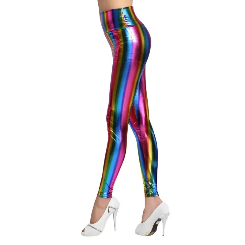 Womens Hologram Metallic Rainbow Leggings Glitter Neon Stripes Printed High  Waist Pants Faux Leather Party Clubwear - AliExpress