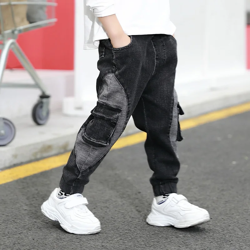 Spring Autumn New Baby Denim Pants Boys Tooling Jeans Big Pockets Loose Casual Kids Boy Black Pants 2 3 4 5 6 7 8 Years