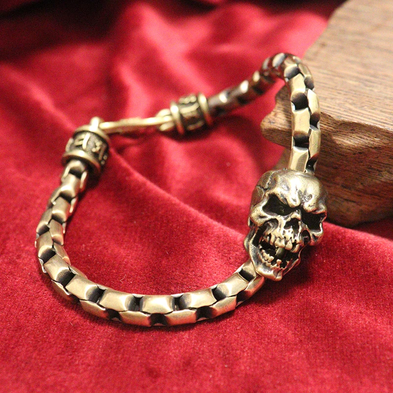 Bracciali In Ottone Punk Skull Head Braccialetti Da Uomo Vintage Ghost King Chain Wristband Accessori Gioielli Lucky Mantra Bead Cuff Bracciale