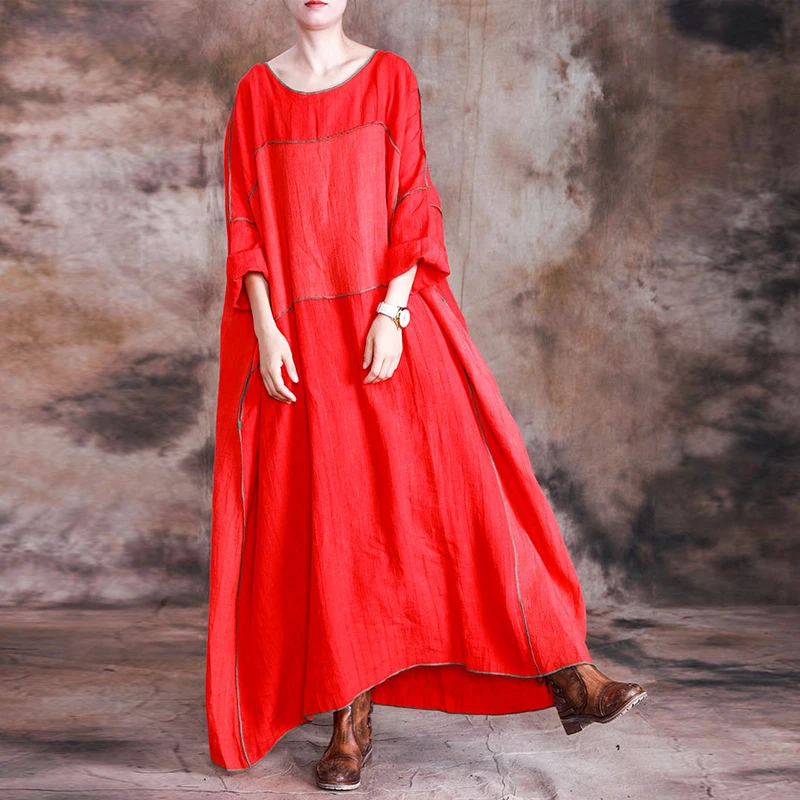 

Johnature Cotton Linen Solid Color O-neck Pockets Loose Plus Size Women Dress 2019 New Autumn Fashion Long Sleeve Female Dresses