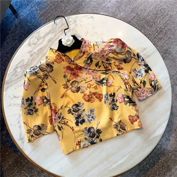 

Cropped Blouse Women 2020 Summer New Small Shirt Chinese Style Stand Collar Crystal Short Printed Shirt Women Blouses Blusas