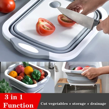 

Kitchen multifunctional folding cutting board sink three-in-one plastic cutting board wash basin fruit basin storage basket ing