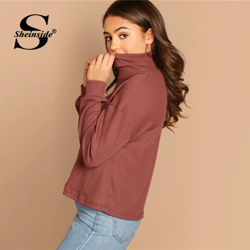 Sheinside, Повседневный, с высоким воротом, вязанный в рубчик, женский свитер,, осень, однотонный, минималистичный, свитшоты, для девушек, базовый, с отделкой, пуловер