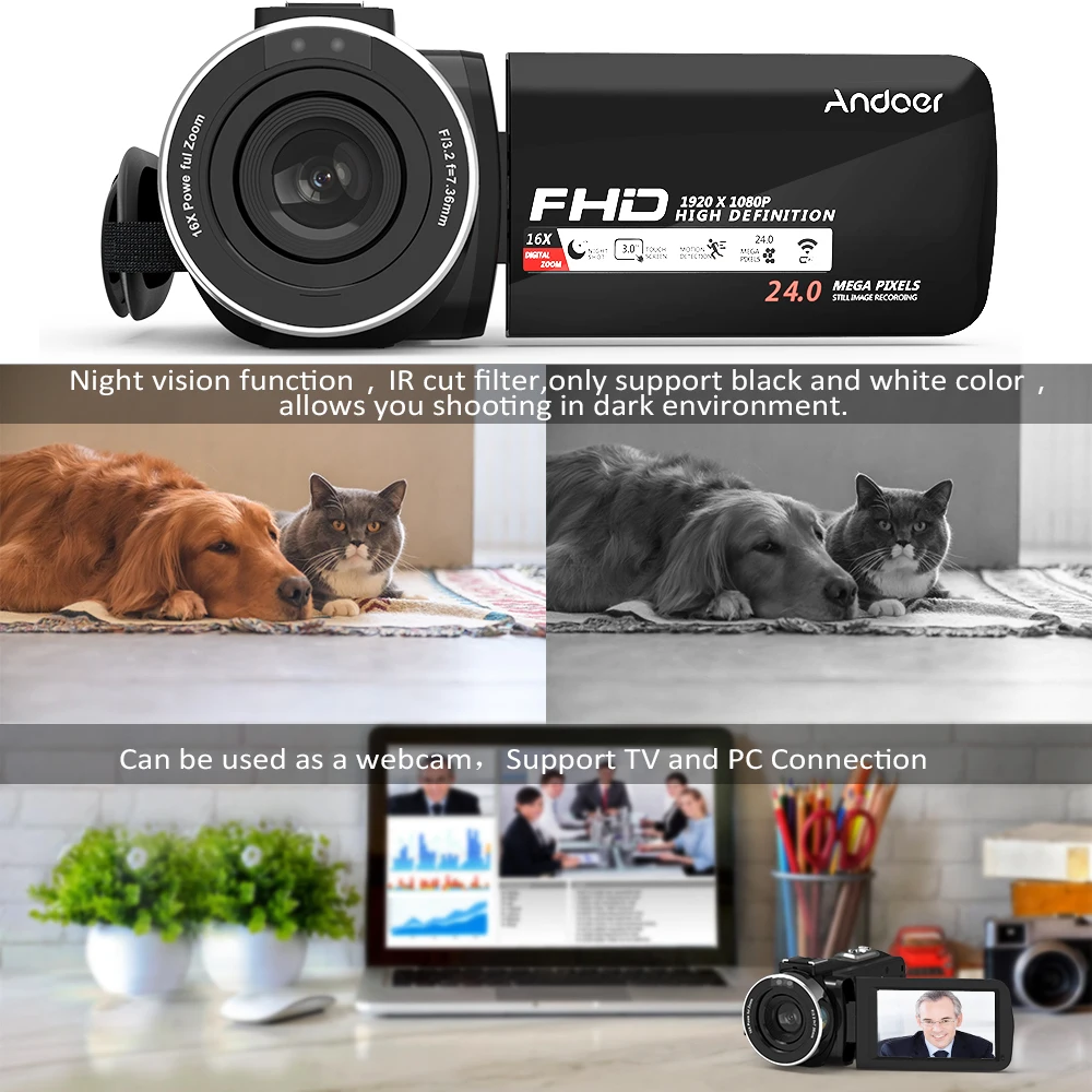 Andoer 1080P HD WiFi 3," lcd сенсорный ИК ночного видения портативная видеокамера+ микрофон+ 0.39X широкоугольный объектив