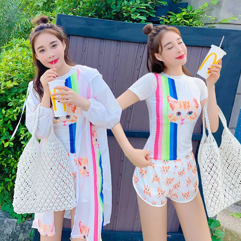 

New Style Bathing Suit Women's Three-piece Set Split Type Hooded Sun-resistant Outer Shirt Belly Covering Slimming Conservative