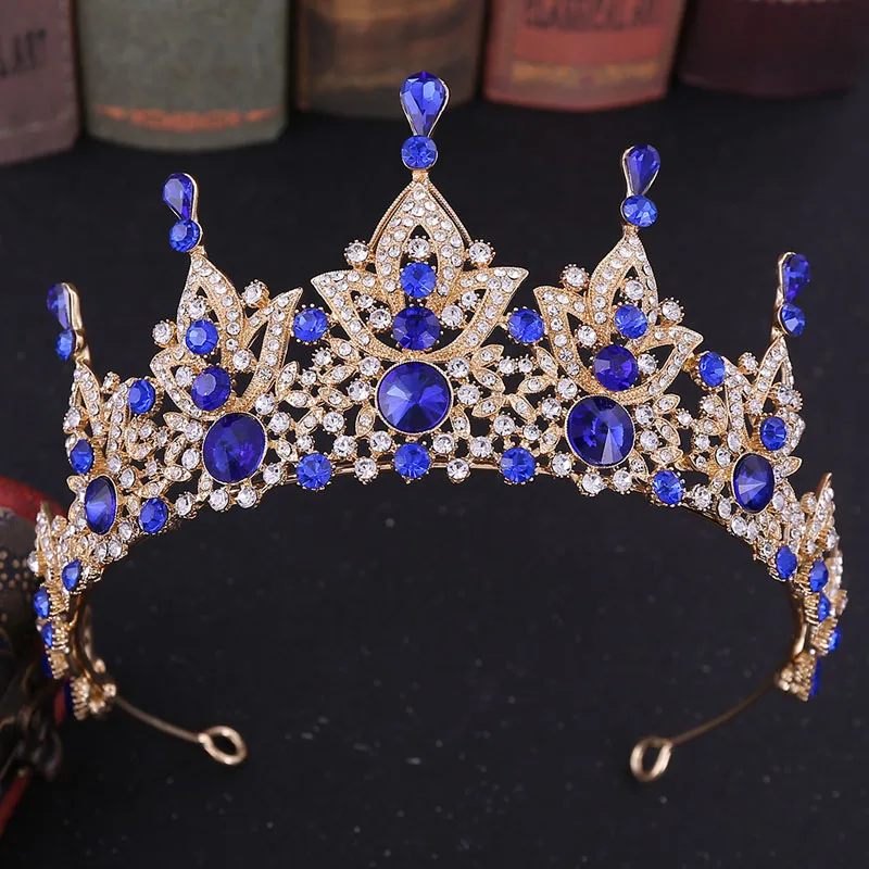 FORSEVEN Королевский барочный роскошный стиль Золотой Зеленый Синий, Красный Кристалл диадема корона головные уборы для невесты Свадебная вечеринка - Окраска металла: Синий