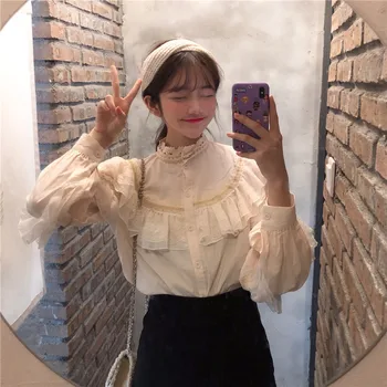 

Ruffles Lace Blouse Women Spring Patchwork Korean Elegant Shirts Lantern Sleeve Casual Loose Tops Stand Neck Sexy Office W392