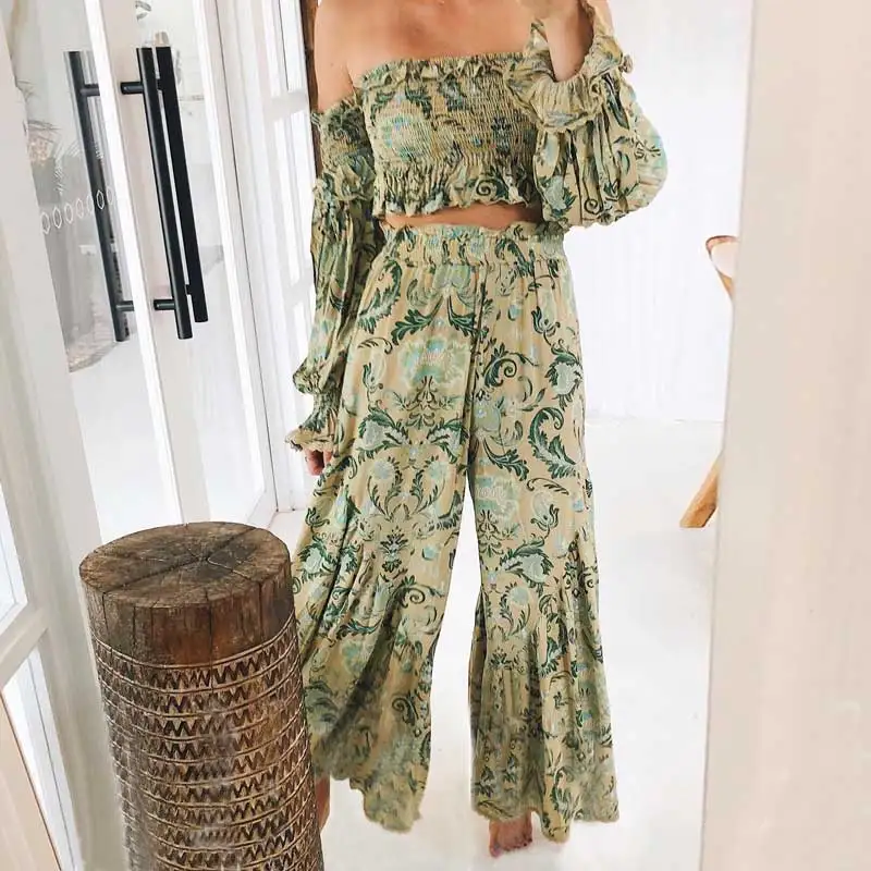 

Boho Inspired Wide Leg Pants Avocado elastic waist firll pants women gypsy chic casual boho pants summer 2019 new beach pants