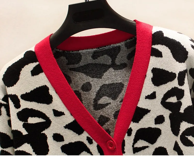 GIGOGOU, толстый Леопардовый женский кардиган, свитер с v-образным вырезом, вязаный однобортный вязаный кардиган, верхняя одежда, жаккардовый зимний жакет, пальто