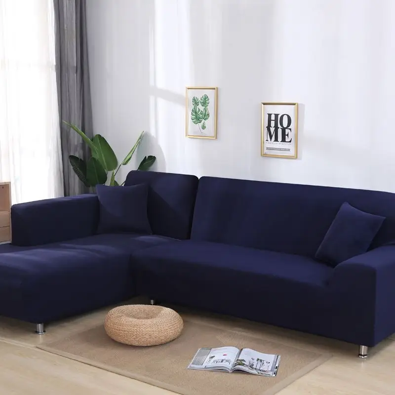 L Shape Recliner Protector Cover Set Fashion 16 Solid Colors Slipcovers Home& Living elastic Sofa Cover 1/2/3/4 Seats sofa kid - Цвет: Navy