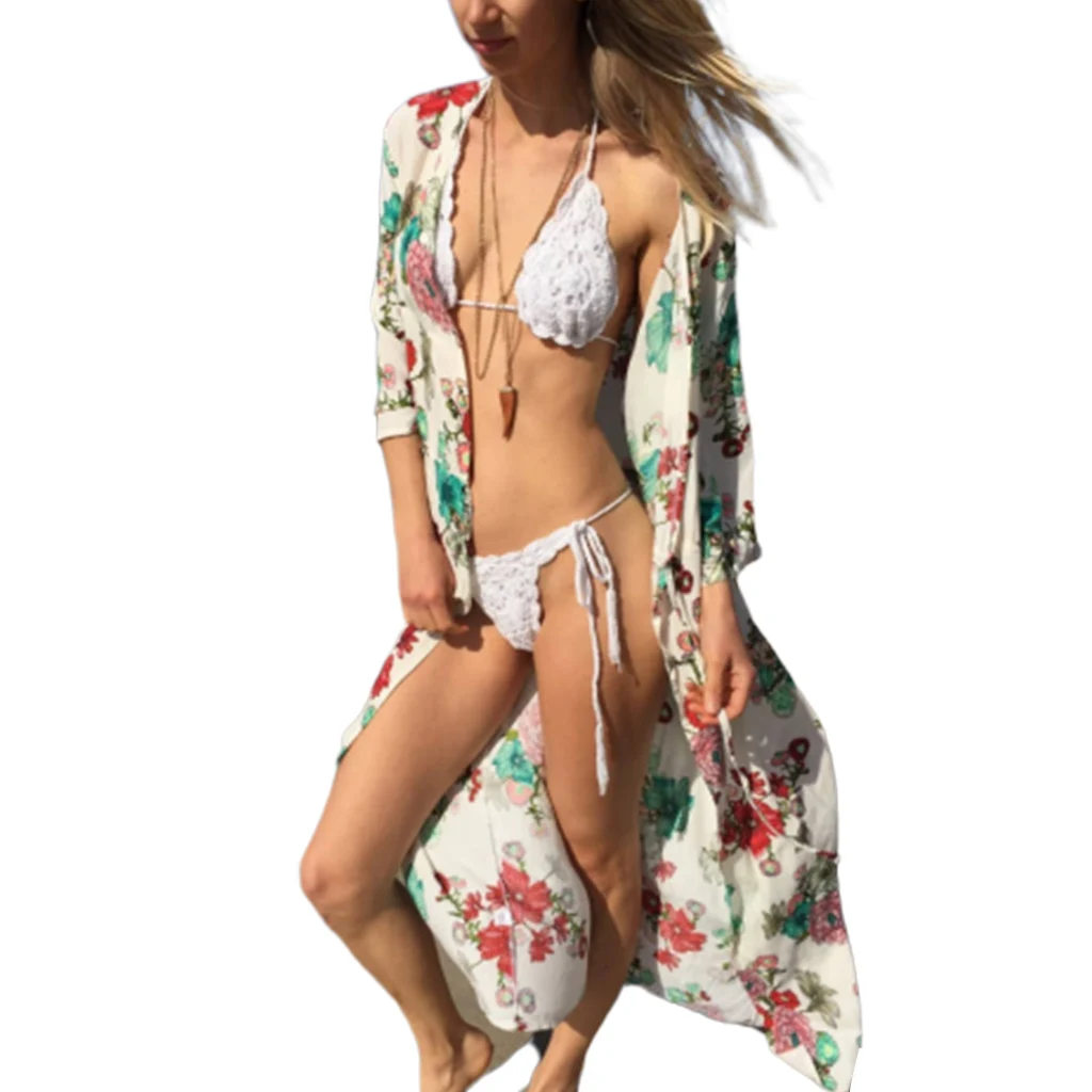 

New Summer Rayon 3/4 Sleeve Loose Open Front Kimono Cardigan Boho Floral Printed Waist Belted Swimsuit Cover Up Maxi Length