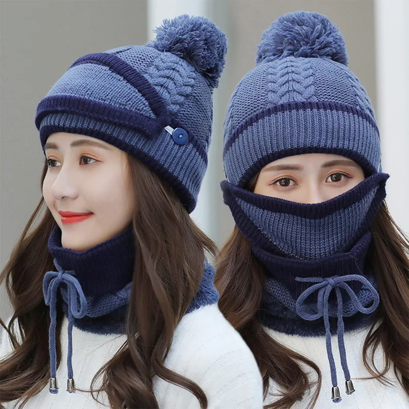 

Sets 3 Hats Women Winter Knit Beanies Hat With Bib And Mask Female Ear Protection Skullies Hat Warm Velvet Thick Riding Wool Cap