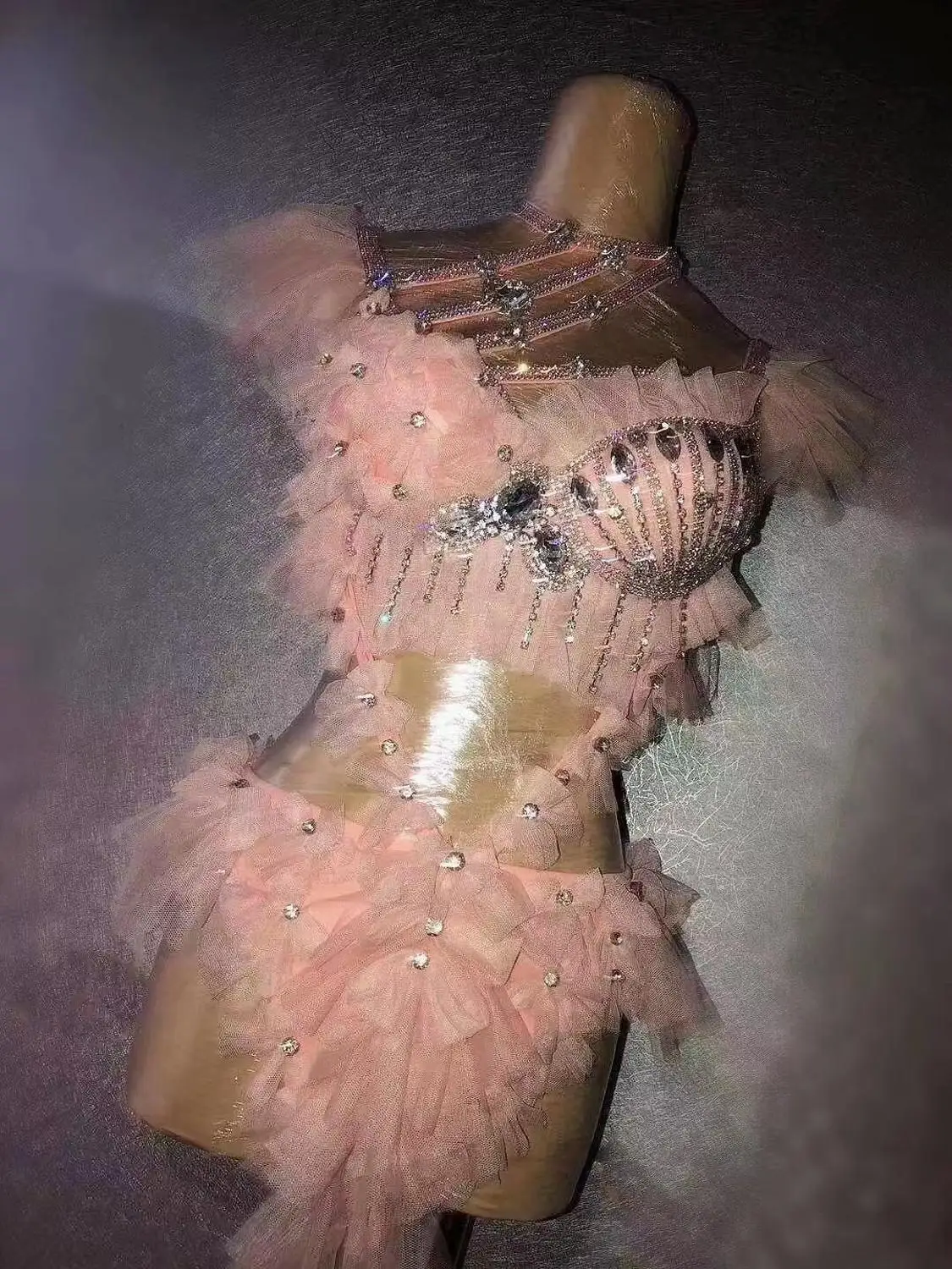 Пикантные блестящие стразы розовый цветок бикини Боди Наряд леди DJ певица одежда для сцены бар клуб вечерние танцы на шесте шоу костюм