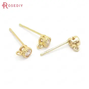 

(37843)10PCS 4MM 24K Gold Color Brass with Zircon Round Stud Earrings Pins Jewelry Making Supplies Diy Findings Accessories