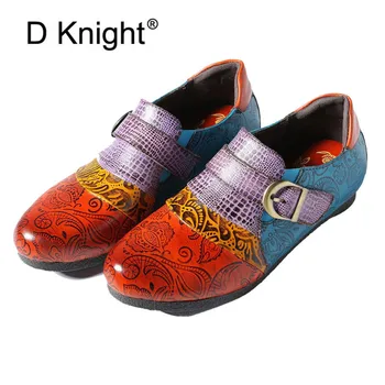 

Vintage Buckle Genuine Leather Women Flats Retro Flowers Splicing Stitching Slip On Comfortable Hand Painted Flats Shoes Woman