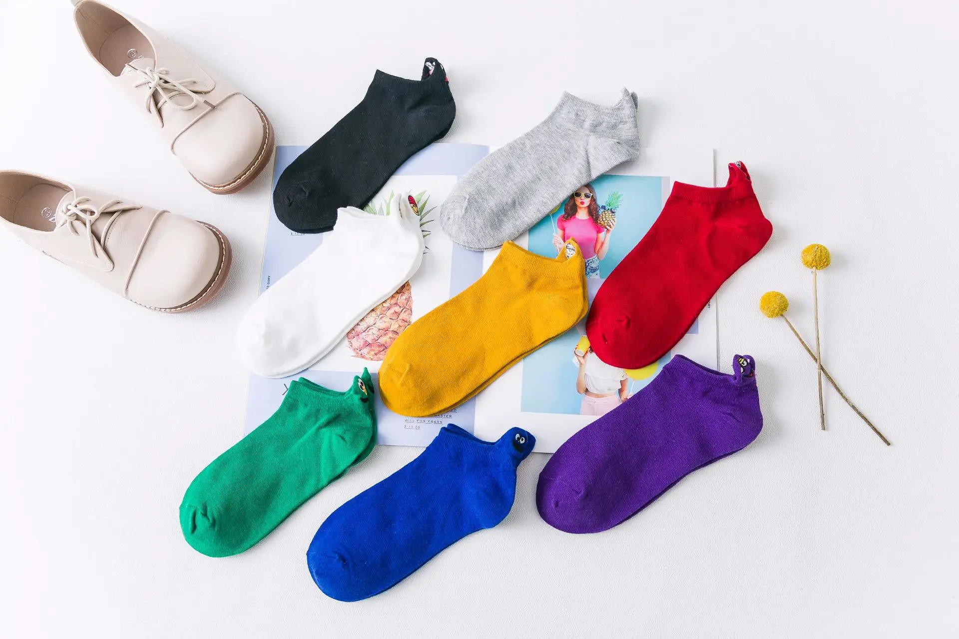Kawaii милые вышитые Носки хлопок Harajuku happy fun женские носки, подарок на Рождество, лодыжки, 1 пара, размер 35-40, комплект из трех предметов Носки
