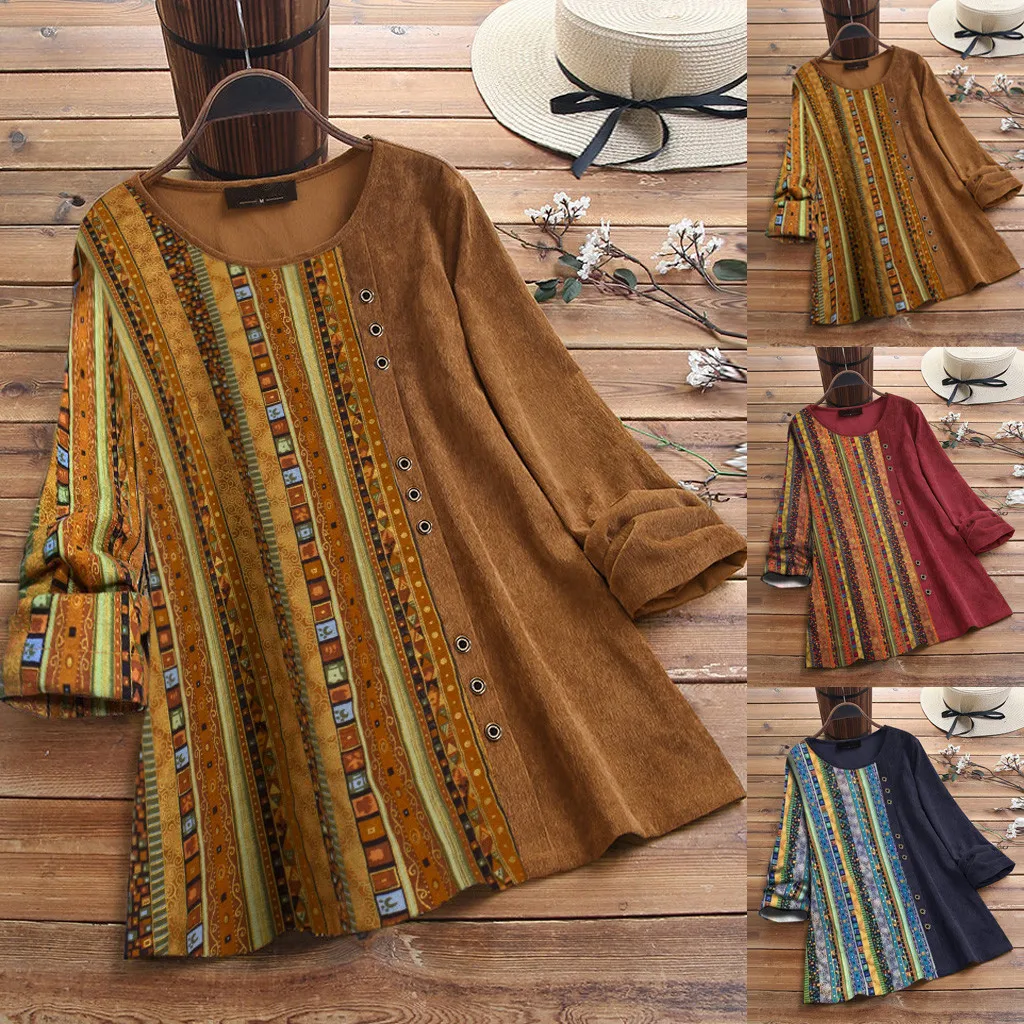 Женские топы и блузки boho S-5XL для женщин вельвет Принт пэчворк длинный рукав Винтаж размера плюс Топ рубашка блузка#3