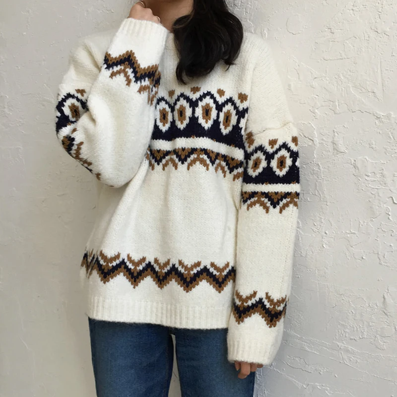 Women Winter Cristmas Sweater Jacquard Knitted Tops Pullovers Vintage Casual Plus Size Sueter Mujer Maglioni Donna 45