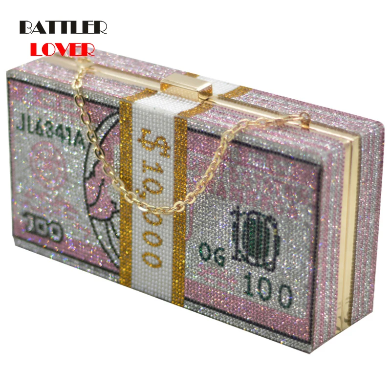 Money Evening Clutch Bags Diamond Painting Chain Wedding Dinner Purses and Handbags Luxury Stack of Cash Crystals Women Female
