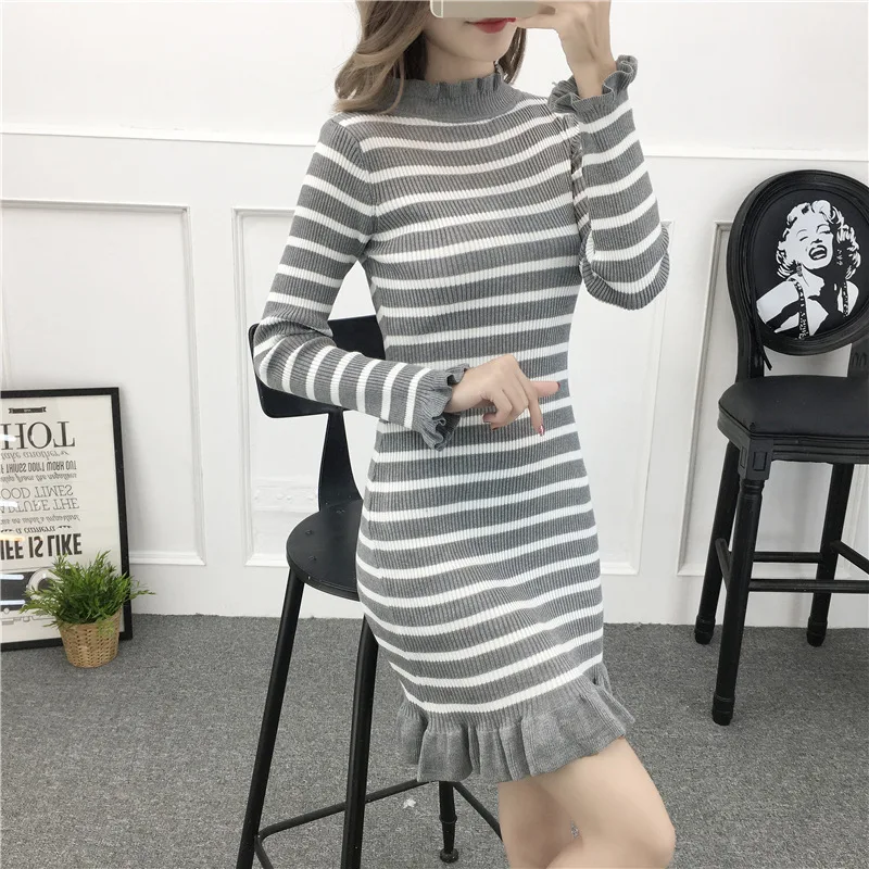 

Half-Turtle-Neck Sweater 2018 Autumn And Winter New Style Women's Pullover Mid-length Stripes Sweater Base Shirt Sheath Dress