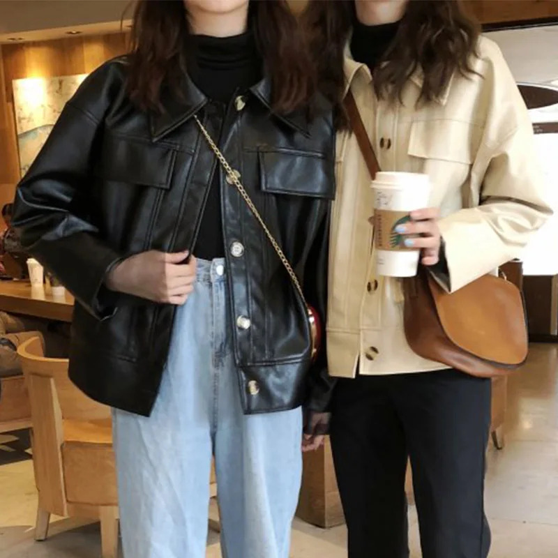 

Pu Leather Jackets Women Outwear Casual Loose Long Sleeve Streetwear Autumn Coat Pocket Buttons Turn-Down Collar Women Tops