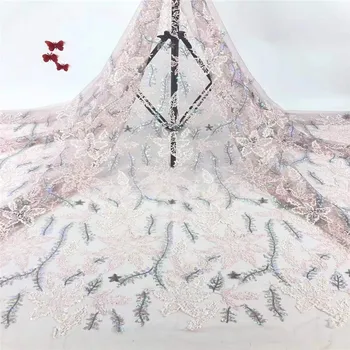 

Pink African Lace With Sequins Embroidery Textile Lace Fabric High Quality Sequins French Tulle Lace Fabrics For Wedding Party