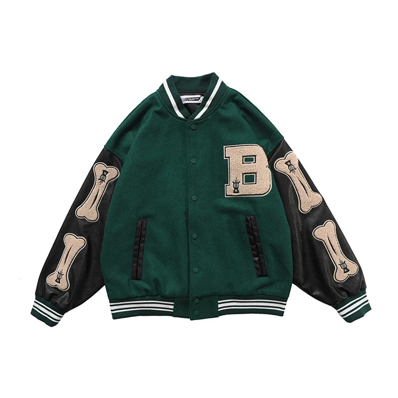 Mens Hip Hop Baseball Jacket Coats Embroidery Furry Bone Letter Patchwork Optional Harajuku College Bomber Coat Men Oversize